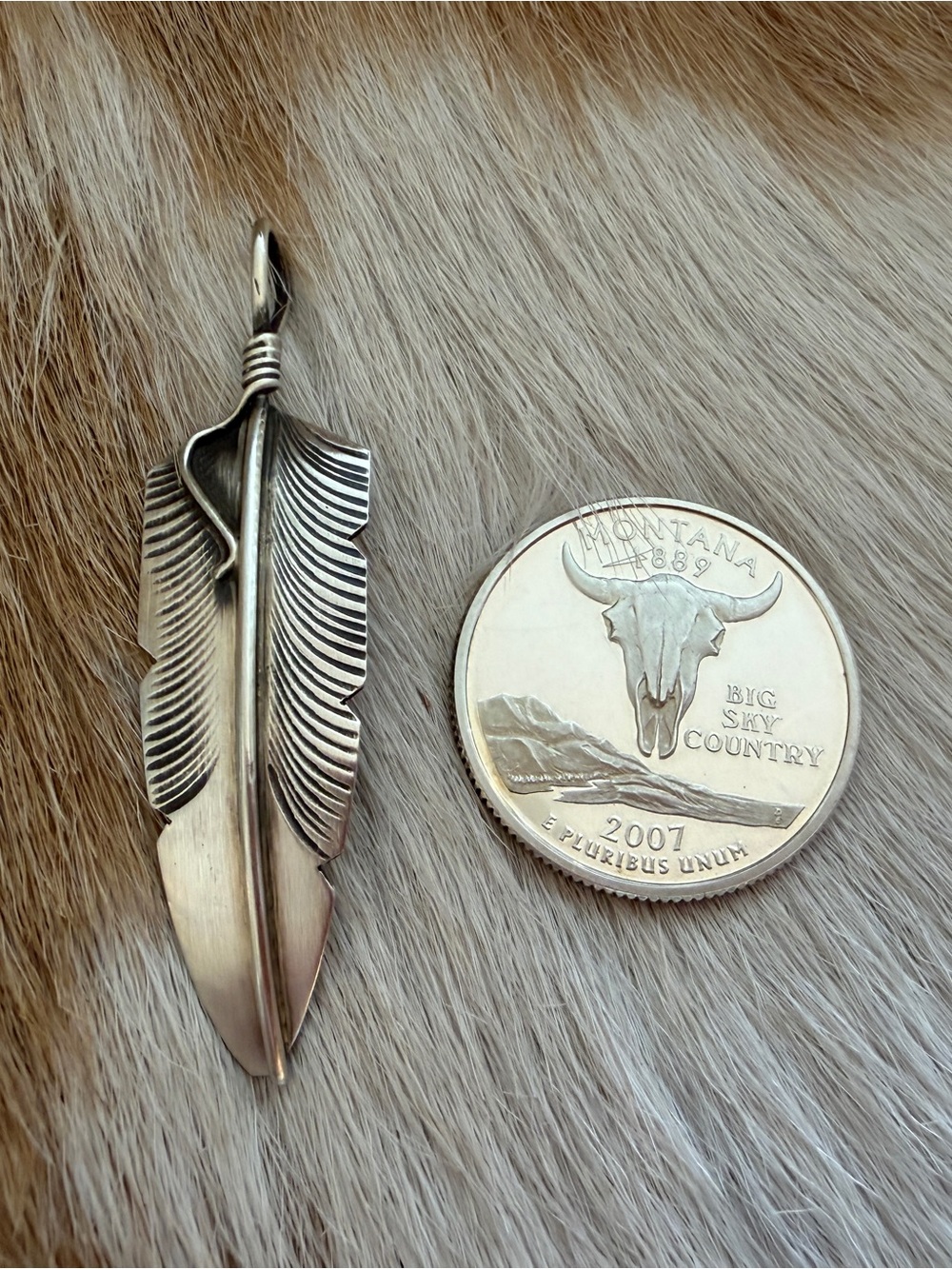❤️ Navajo Signed Chris Charlie Sterling Silver Hand Crafted Feather Pendant 2”L - Picture 5 of 10